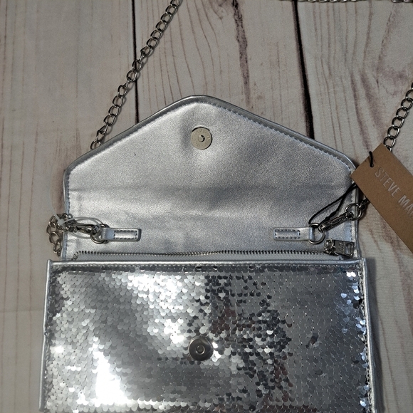 STEVE MADDEN BGLAMY Sequin Clutch Silver Shoulder Crossbody Bag Party - Picture 5 of 12
